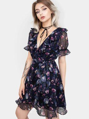 Socordia Floral Moon Chiffon Frill Wrap Mini Dress NWT Size 8